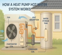 Diagram showing how an air-source heat pump transfers heat from air to water